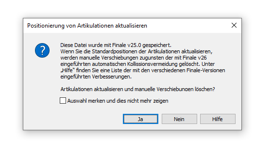 Dialogbox Positionierung von Artikulationen aktualisieren